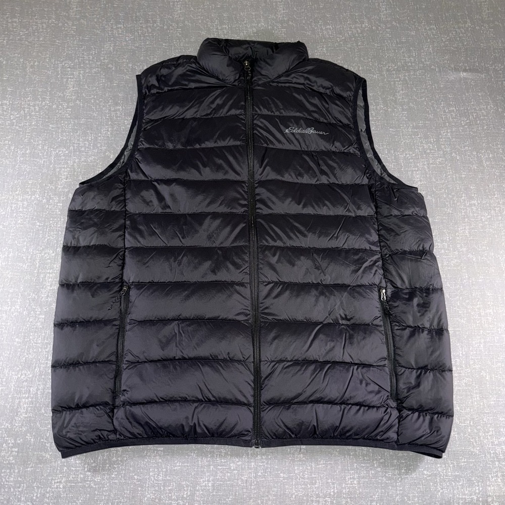 Eddie Bauer Vest Mens XLT Black Down Puffer Full Zip Packable Outdoor Hiking